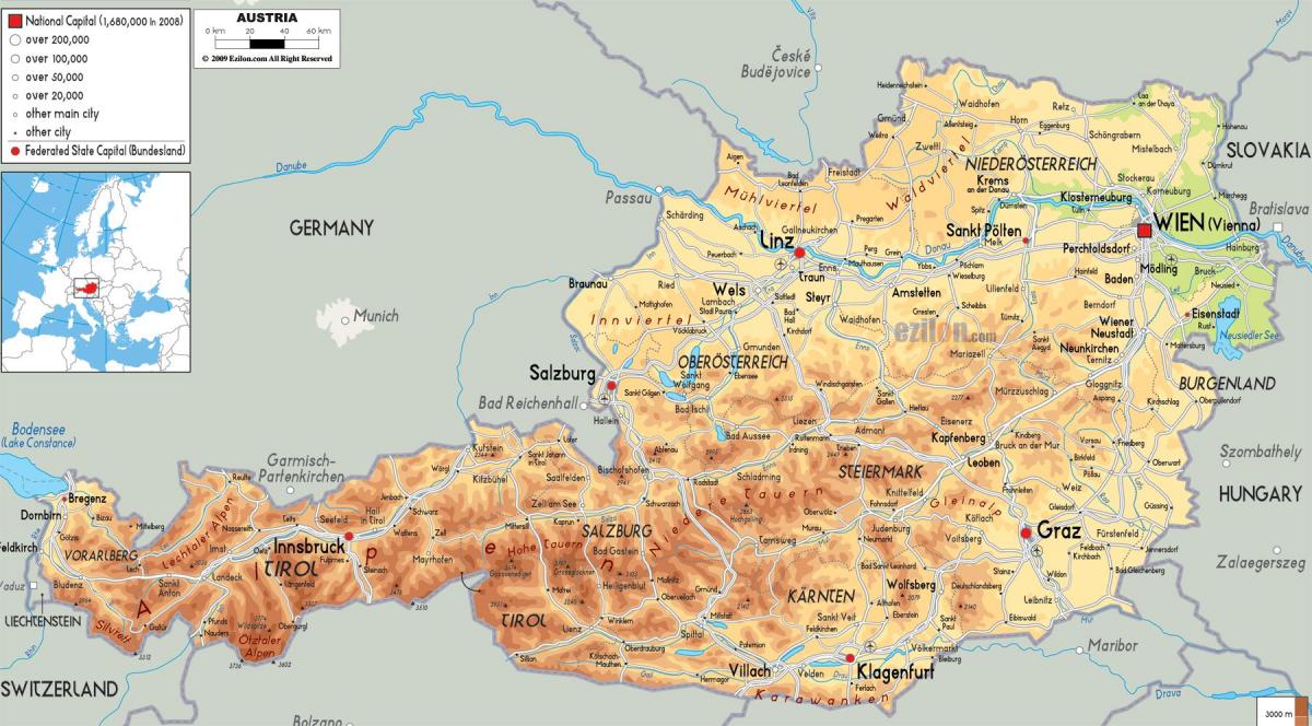 mapa fyzickej mape rakúska