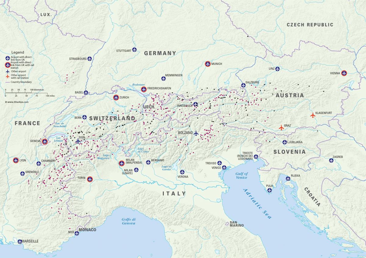 mapa rakúska lyžiarske strediská letiská