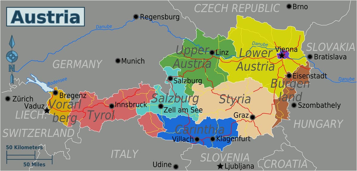 mapa rakúska štáty