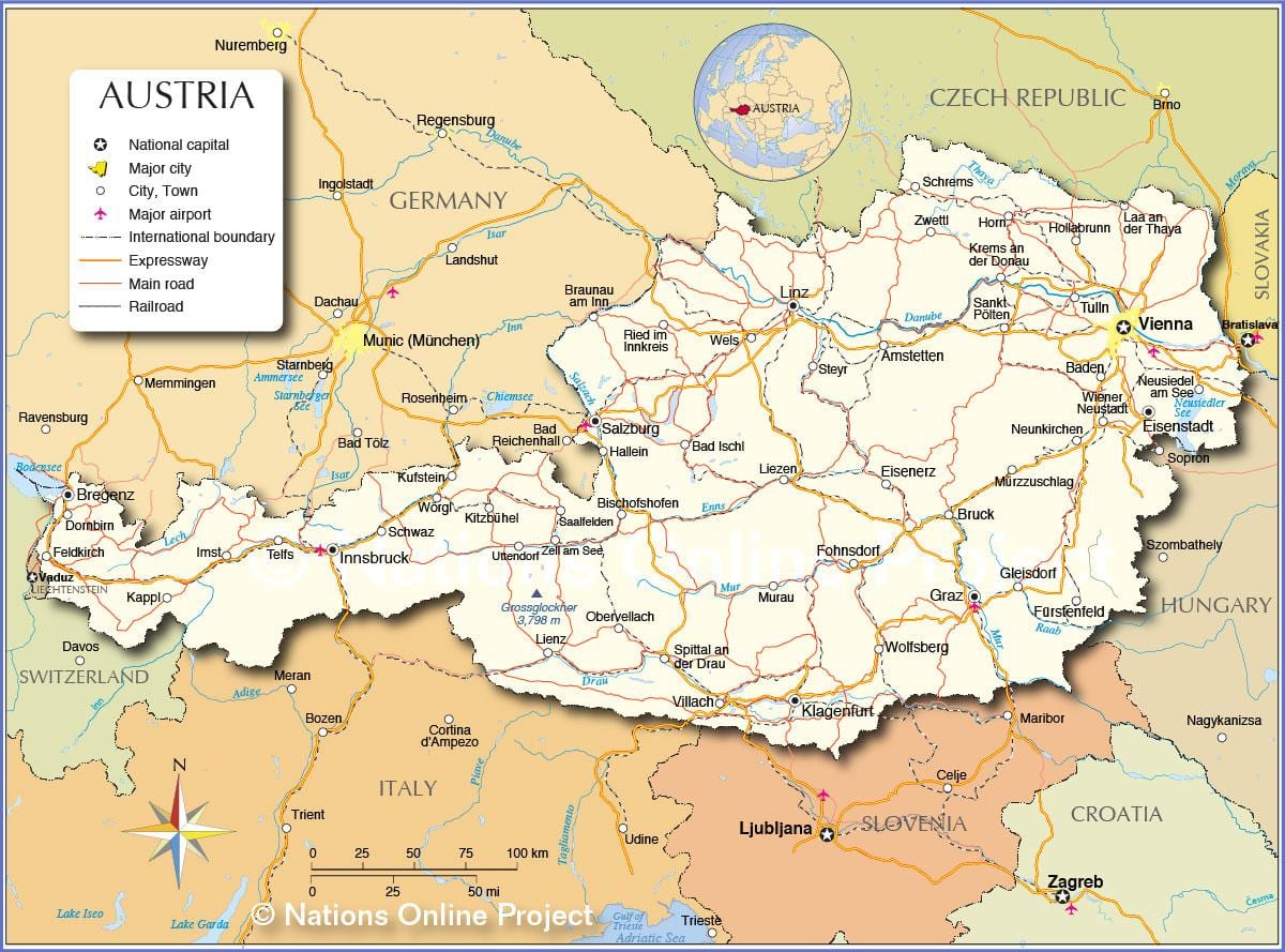 mapa rakúska s mestá a obce