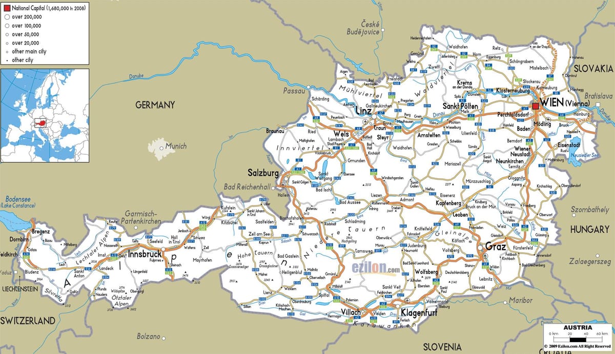 podrobná mapa rakúska s mestá