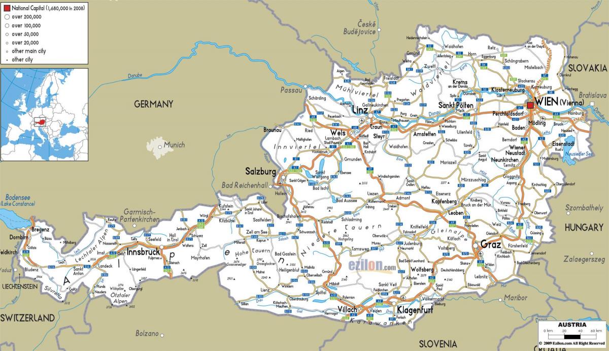 podrobná mapa rakúska s mestá